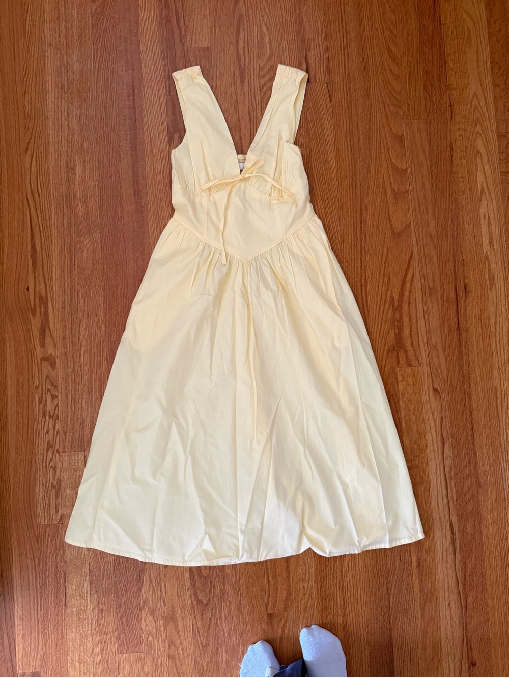 Women's Yellow Midi Sundress Drop Waist with V-Neck Tie Detail